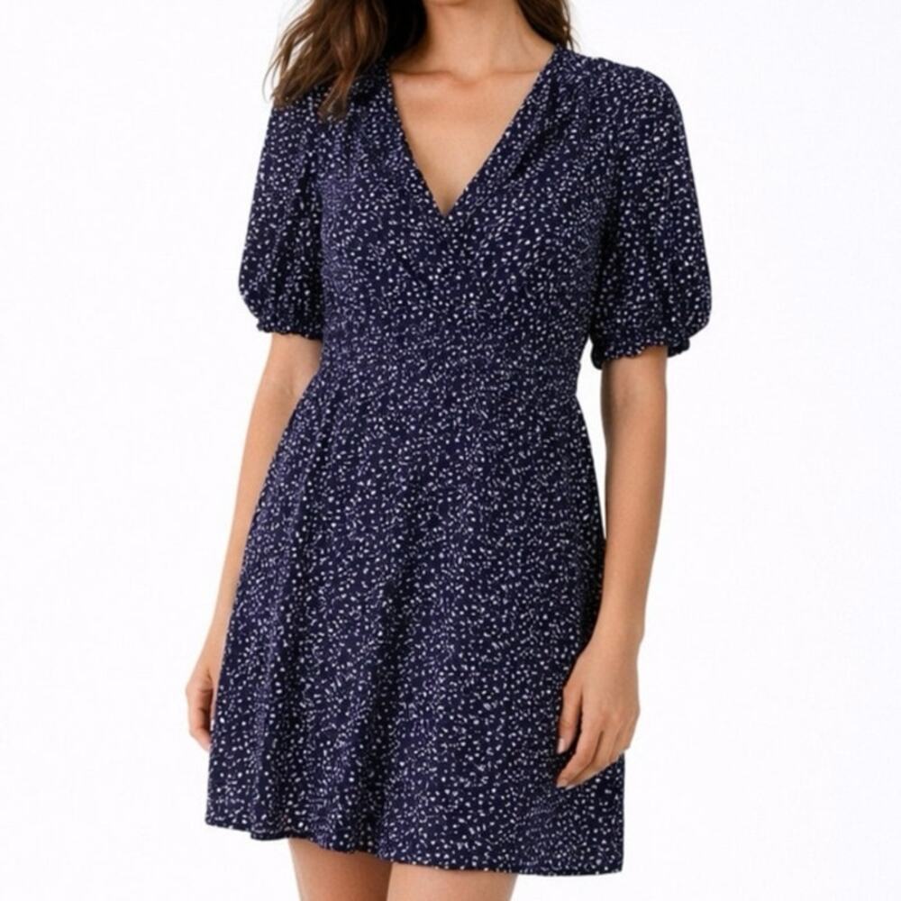 GAP Navy Speckled Puff Sleeve Tiered Mini Dress M Romantic Preppy Cottagecore